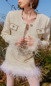 CHANEL'S Style With FeaTher Short Skirt Suit In White